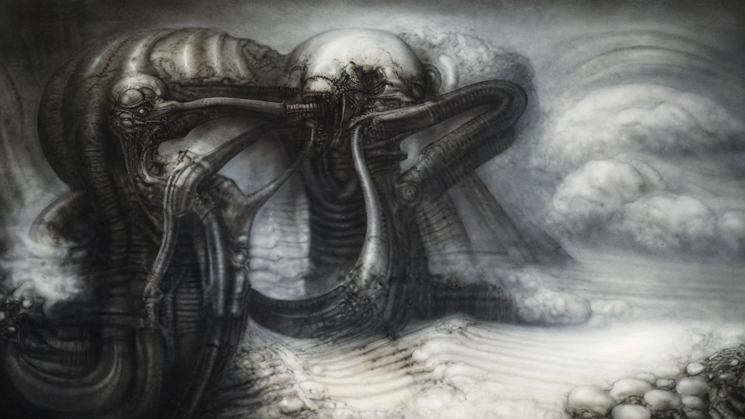 The image is a detailed view of H.R. Giger's biomechanical tableau \" Landscape XVI \" plate, featuring.
(airbrush painting, Giger's alien in front of broken alien ship in landscape, natural light, sharp focus, illustration, highly detailed, digital painting, concept art, matte, art by gric and kozhanov and moebius and Alphonse Mucha, masterpiece, HDR ,UHD , uplight, in HRGigerArhP style);1.
surrealistic painting of a monster with multiple tentacles and a body that looks like a brain, surrounded by a chaotic scene of swirling clouds and other monsters
 It's a complex network of bones and organs in eldritch color scheme:a greenish-brown hue ,swirling gery and brown colors. The artwork is silverish and green brown, with an ivory bones prominently displayed. The image is highly detailed and intricate, almost like a 3d version of a medical sketchwork.   
The piece is a tableau, most likely created with a India ink pen or pencil on paper, determined by the thin lines, shading techniques, and the texture of the paper, which is visible around the edges.
Used is pen, given the shading and variations in line weight visible in the image. Artist have used a variety of stylus with different degrees of hardness to achieve the shading effects.
 The use of undersaturated green-grays dark contrasts creates a stark and graphic look. Is used a variety of linework techniques to create different textures. Fine, parallel lines create a smooth, metallic texture,while thicker, more cursive lines suggest cables or wires.
Light source from the top highlights skeletals, pper part of foreground, lower part of image is in shadowupper part of foreground, lower part of image is in shadow.
The art performance showcases the artist’s skills in observation and rendering. The level of detail in the piece suggests a close study of real bone specimens and mechanics. The artist has skillfully used shading techniques to create a convincing illusion of three-dimensionality on a flat surface. The wrinkles 