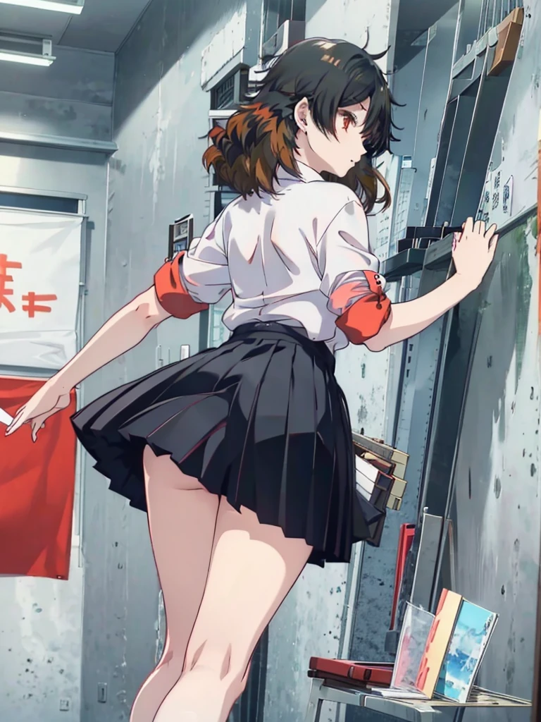 kuwanamaki, black hair with brown highlights, red eyes, white shirt, short pleated skirt, (from behind), thighs, ass