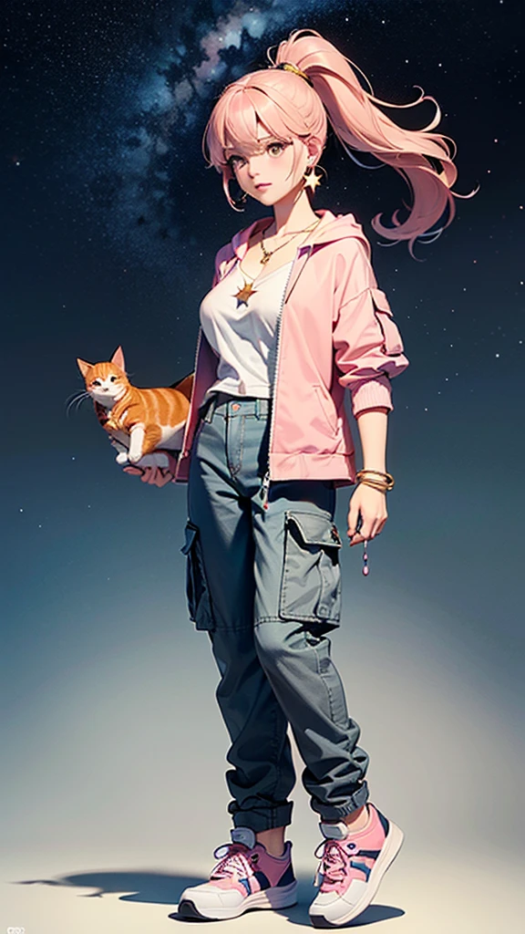 (((Holding a cute orange bantam cat in both hands)))，((Highest quality，masterpiece，Full body front view of a mature beauty with big breasts，Air bangs，Blue gray high ponytail super long straight hair，Slightly curly hair on double sideburns，Hair ends curled in，Gray and pink short T-shirt，Light blue denim gray hooded jacket，Black and gray long and wide cargo pants，Pink and white sneakers))，Simple, small and exquisite round necklace，Little star earrings，Wearing a very thin gold bracelet on the right hand，starry sky galaxy background，Look at the camera