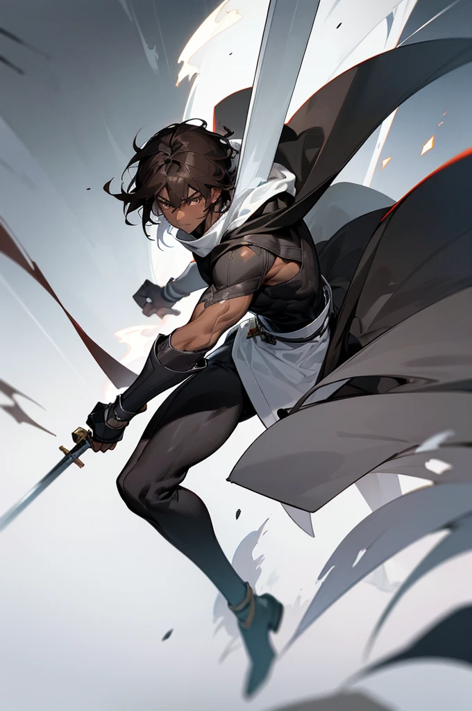 Masterpiece, highres, High quality, Dark skin , male, slightly buff, medium dark brown hair hair, big innocent grey eye's, wearing a black full bodysuit, six white long torn scarf, hooded white cloaks, black white battle Gauntlets, dramatic sho, intensive, cool, badass, Wielding a White chinese sword,
