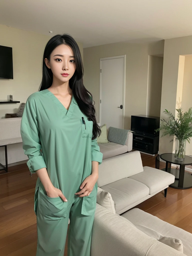 Beautiful girl in scrubs standing in front of living room sofa., walk into the house.,Medium bust,long black hair,sexually,green scrub,realistically,realistic