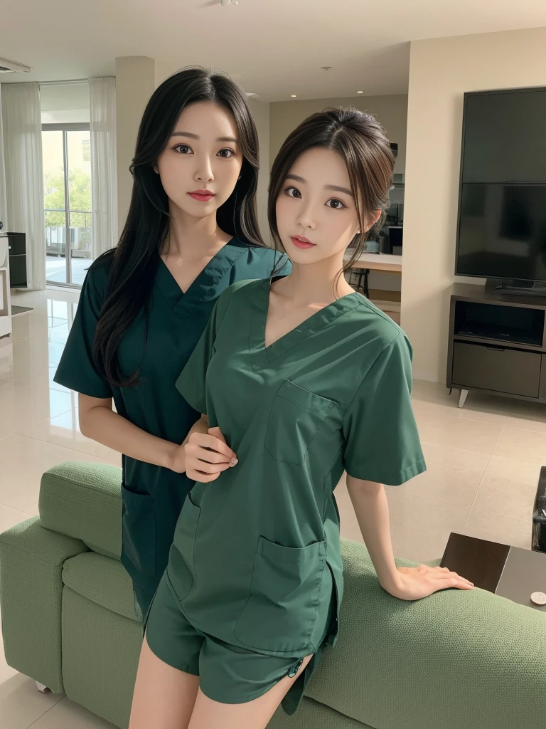 Beautiful girl in scrubs standing in front of living room sofa., walk into the house.,Medium bust,long black hair,sexually,green scrub,realistically,realistic