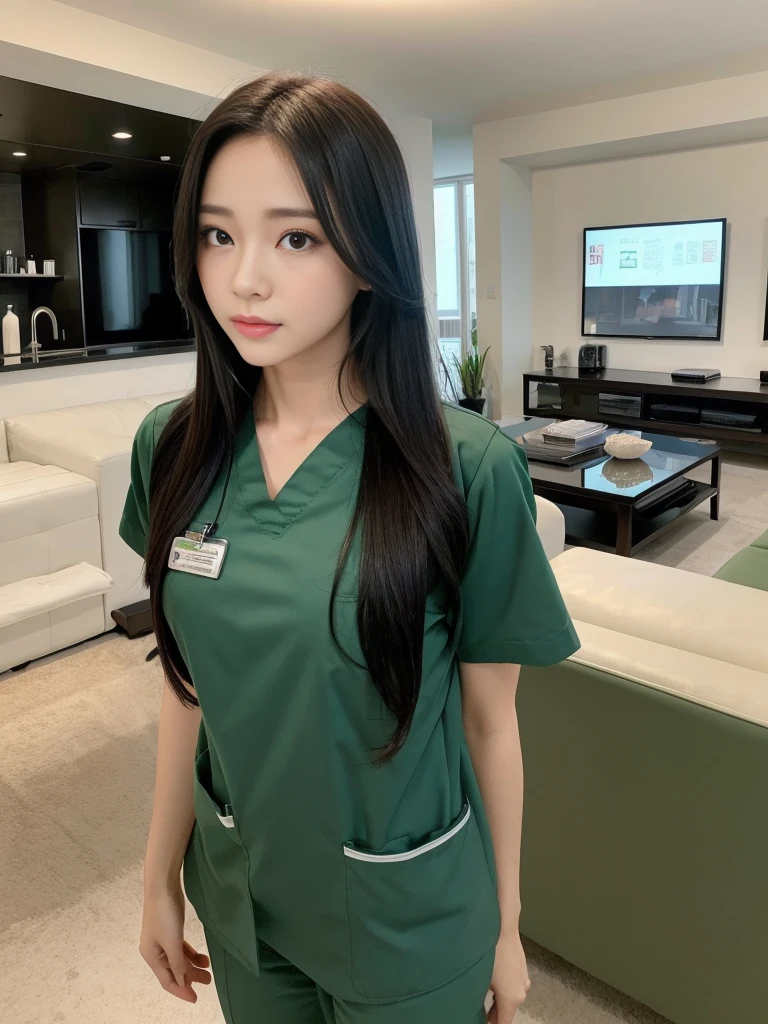 Beautiful girl in scrubs standing in front of living room sofa., walk into the house.,Medium bust,long black hair,sexually,green scrub,realistically,realistic