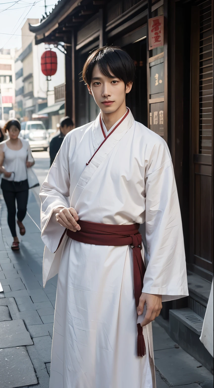 1man, 35 years old, tall and thin, wearing hanfu, playful expression, curious look, on the street, cotton chinese traditional cloth, light brown cotton cloth,