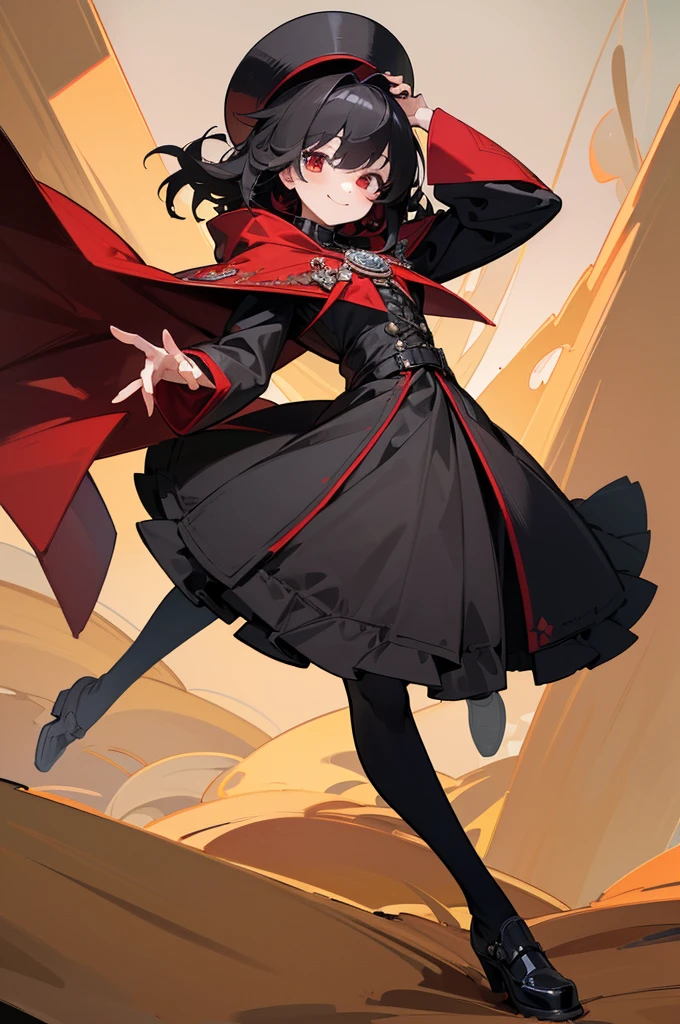 (disorganized, 8K, 4K, masterpiece, very detailed:1.2), ((masterpiece,highest quality)), disorganized, Ruby_ticker, alone, looking at the viewer, smile, Rubyローズ, black dress, long sleeve, red cloak, pantyhose,
