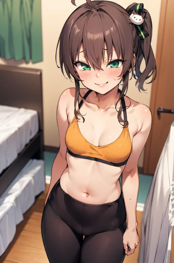 1girl, solo, detailed face,natsuiro matsuri,my room,smile,ahoge, bangs, , black ribbon, blush, , cat hair ornament,  , green eyes, green ribbon, hair between eyes, hair ornament,,looking viewer,standing,sports bra,leggings