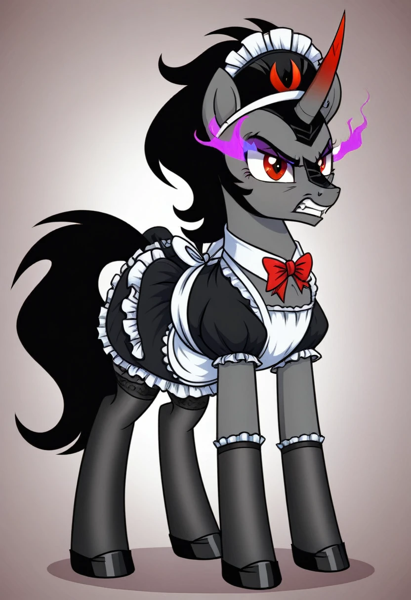 Pony . Black stocking King sombra angry in a maid's outfit, she washes dishes