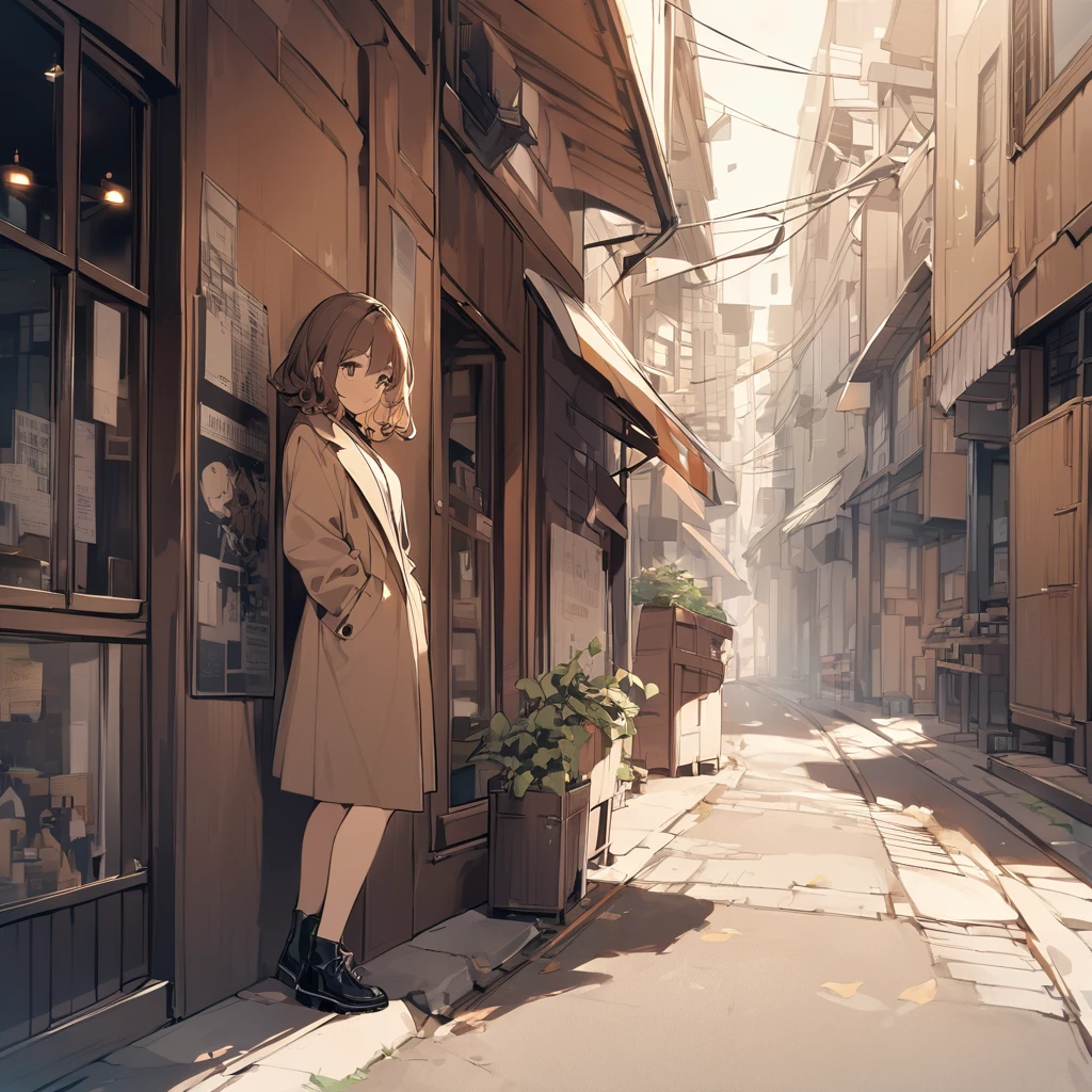 A girl with brown, wavy bob hair wearing a dark beige coat。In town、The whole body from head to foot。