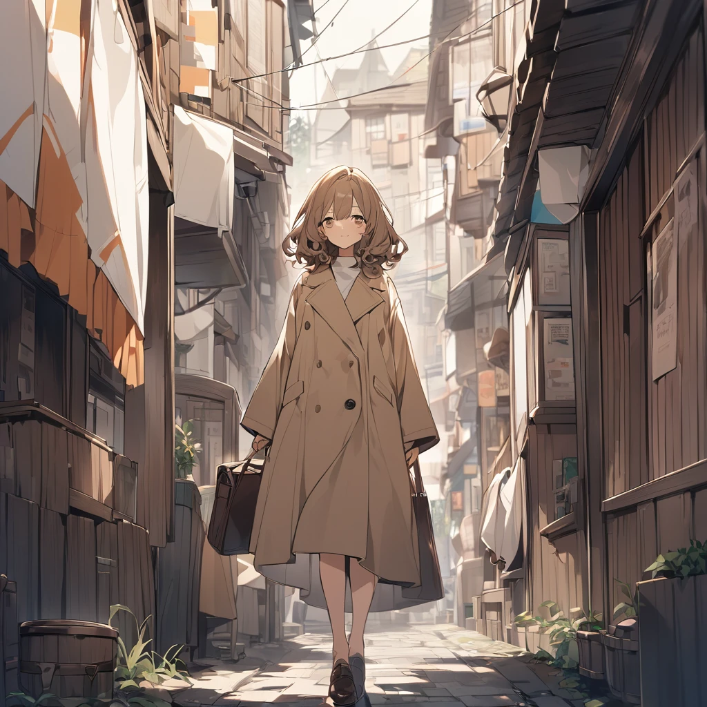 A girl with brown, wavy bob hair wearing a dark beige coat。In town、The whole body from head to foot。