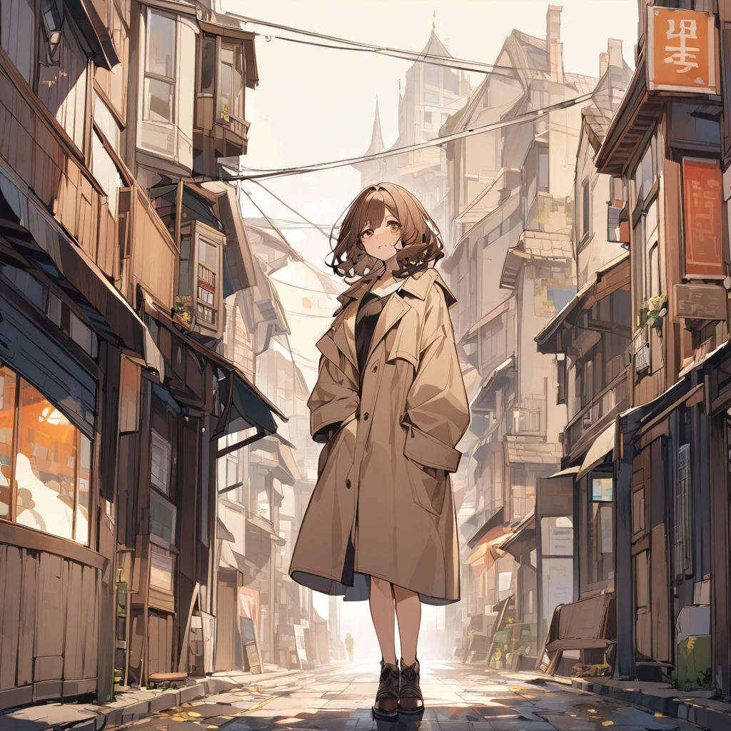 A girl with brown, wavy bob hair wearing a dark beige coat。In town、The whole body from head to foot。