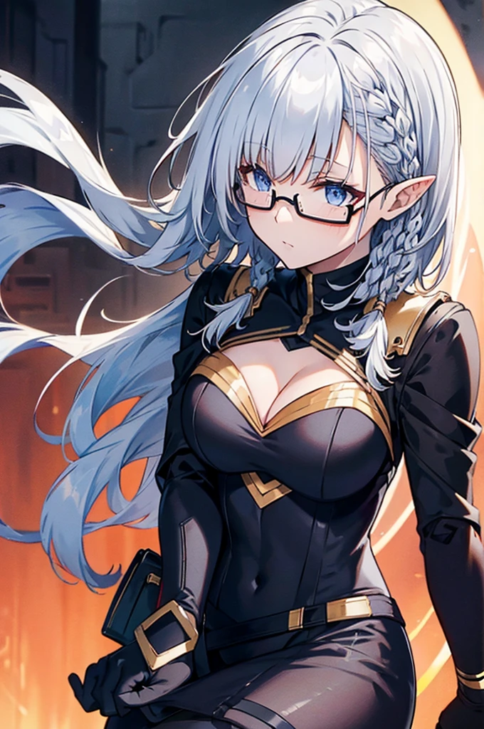 beta
cape, bodysuit, gloves, black leggings
white shirt, frills, pencil skirt, cleavage
glasses