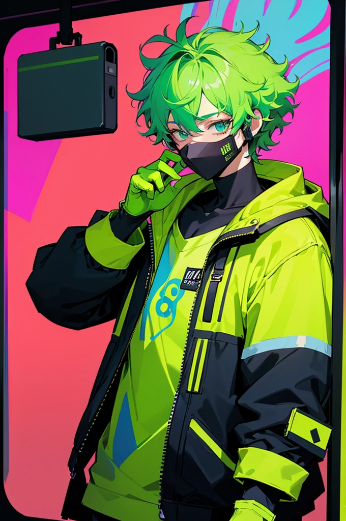 Kpop boy Inside a train, green gloves, face mask, looking at her phone, cool colorful jacket, listening to her headphone, lime green messy curly hair, neon glowing style, cool background, young