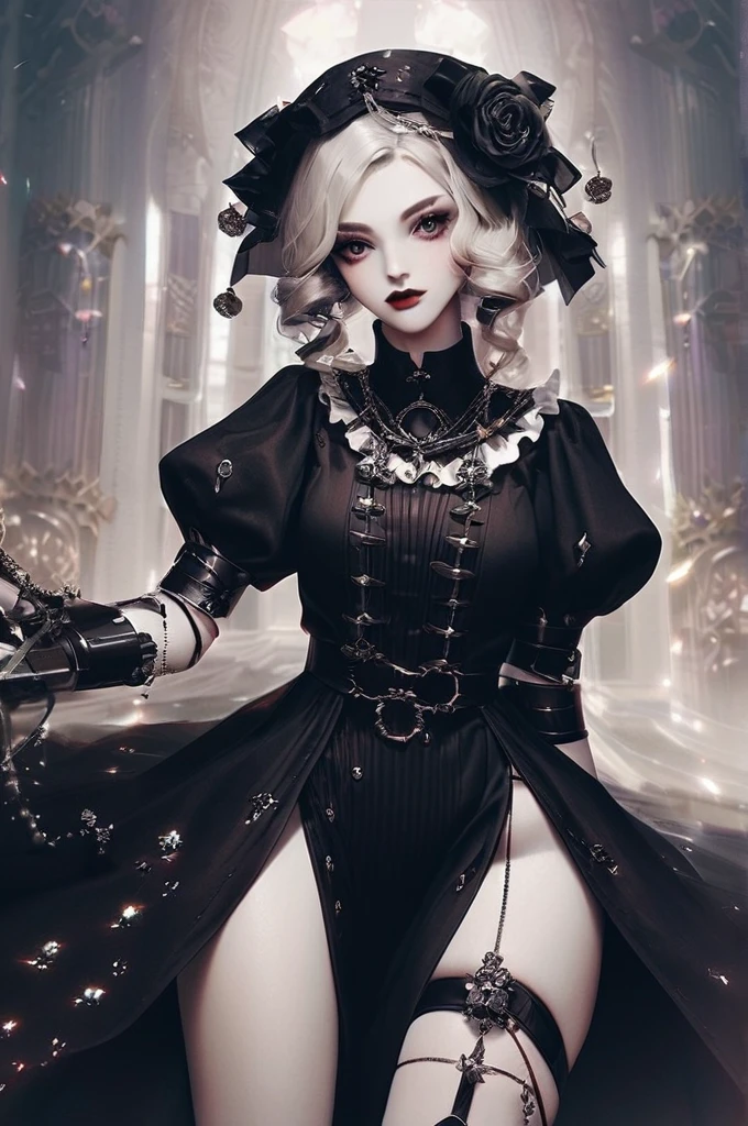 (full body:1.3),(black clothing), Inside of an opulent Russian palace. Cute 18 yo (albino:1.4)woman of Slavic descent.(short:1.1), , long white hair, gray eyes, ((very pale:1.4)). Innocent look. Gentle spirit.(virgin), (joy:1.2),(smile:1.3). (romantic:1.2). Mascara, red lipstick, necklace, elegant mermaid dress, (black color RealPantyhose:1), high heels. Masterpiece, (highly detailed:1.2),(detailed face and eyes:1.2), 8k wallpaper, natural lighting. core shadows, high contrast