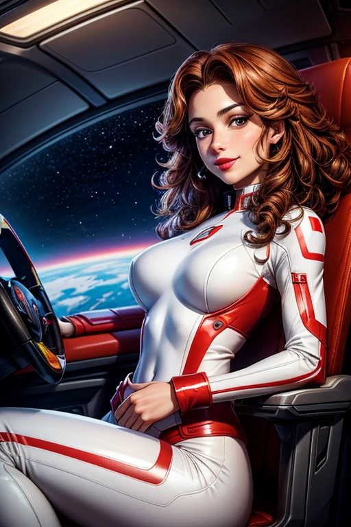 Best quality,illustration made with nankin pen, engraved style, space beautiful vintage woman, LONG hair, looking to observer, tight latex suit BLUE, RED AND YELLOW under hi-tech armor, hi-tech gloves, spaceship scenario,difuse lights