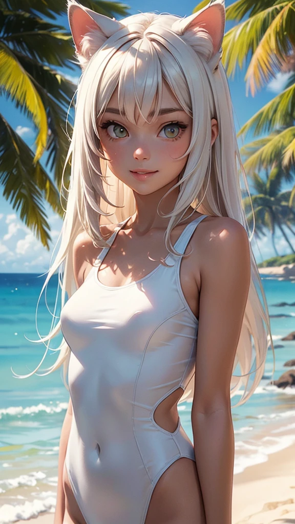 (high resolution, upper body, soft skin:1.2),(best illustration,masterpiece:1.2),ultra-detailed,[(cat ears , white inside:1.2, brown cat eyes, white long hair),vivid colors,sharp focus,portrait, beach lighting,bokeh, wearing a orange sport swimsuit, beach background, full body portrait, smiling 