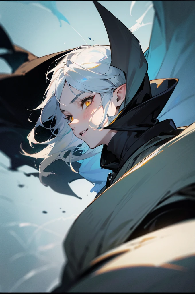 Emet Selch, 1boy, armor, bangs, black robe, hood, hood down, looking at viewer, male focus, parted bangs, full lips, pale, blush vampire, pauldrons, portrait, robe, short hair, upper body, white hair, yellow eyes, dynamic angle, dynamic pose, hades, dark theme, soothing tones, muted colors, elf ears, high contrast, (natural skin texture, hyperrealism, soft light, sharp),exposure blend, medium shot, bokeh, (hdr:1.4), high contrast, (cinematic, teal and blue:0.85), (muted colors, dim colors, soothing tones:1.3), low saturation, (hyperdetailed:1.2), (noir:0.5), warrior, dark forrest, big fangs, evil, smile, terrifying, beautiful, sinister