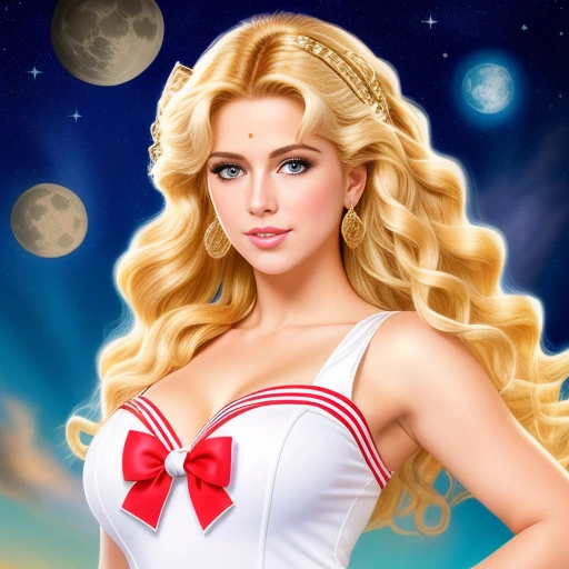 (best quality,4k,8k,high res,masterpiece:1.2),ultra-detailed, photorealistic, full body shot,golden blonde crimped hair,Mature and beautiful, realistic portrayal:1.2 Sailor Moon posing for a photoshoot, dressed up in jeans. The backdrop is full of moons & hearts