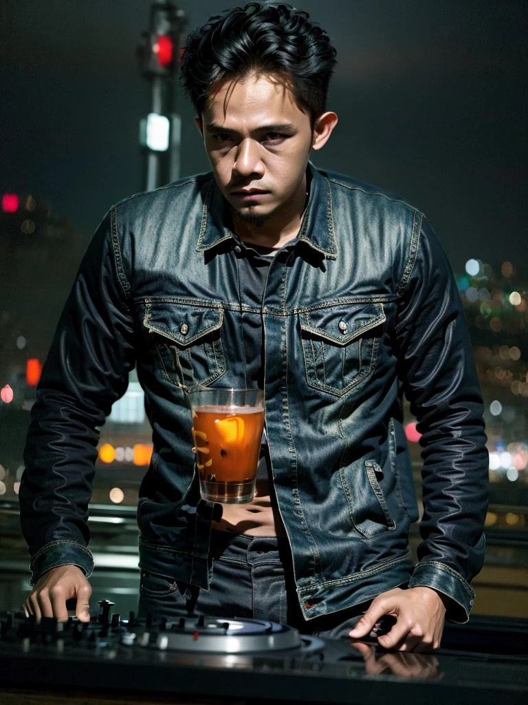(masterpiece, best quality:1.2), 1man, solo, dj on the rooftop, playing music, detailed face, hyper realistic skin, detailed hands, intricate clothing, neon lights, city skyline background, cinematic lighting, moody colors, dramatic shadows, ultra-detailed, realistic, photorealistic