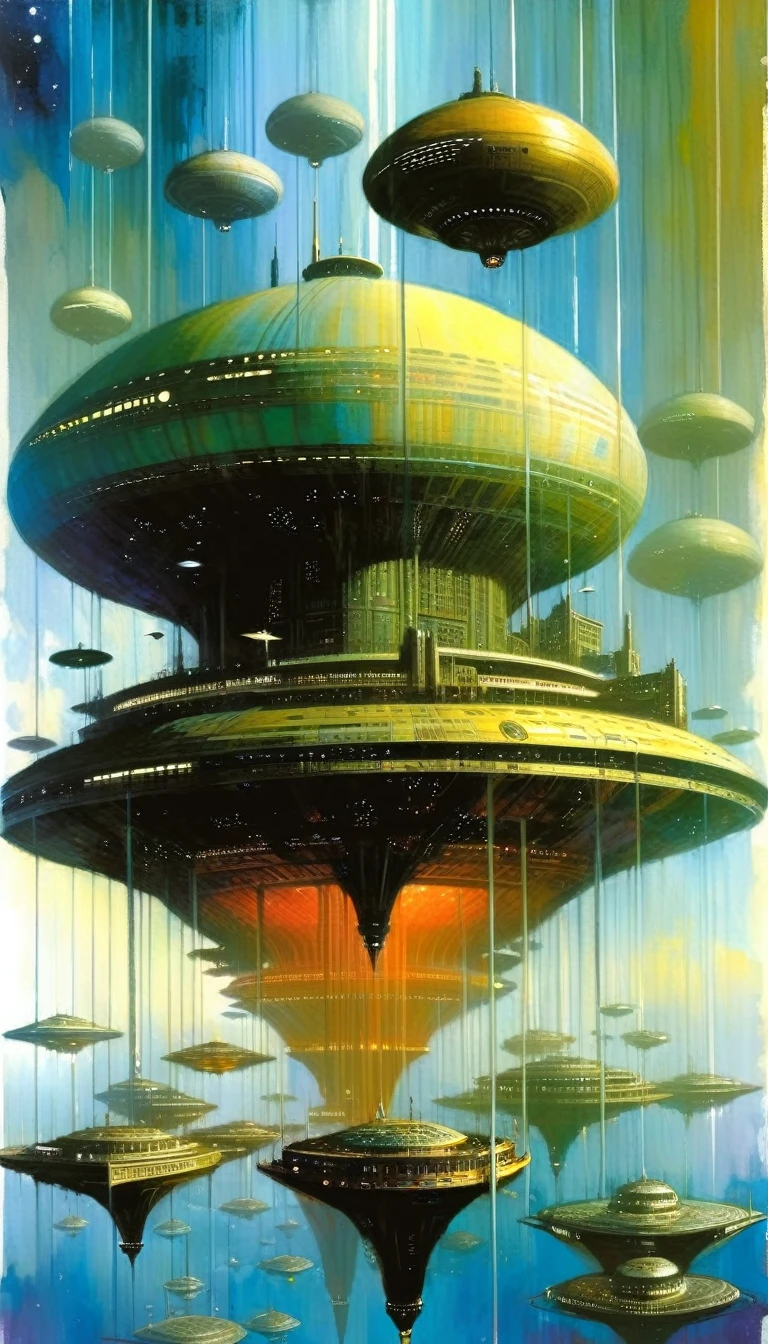 futuristic space city, in space: 1.5, large flying city, with many floating floors in space, housing and all kinds of details on the ship (art inspired by Bill Sienkiewicz). oil painting)
