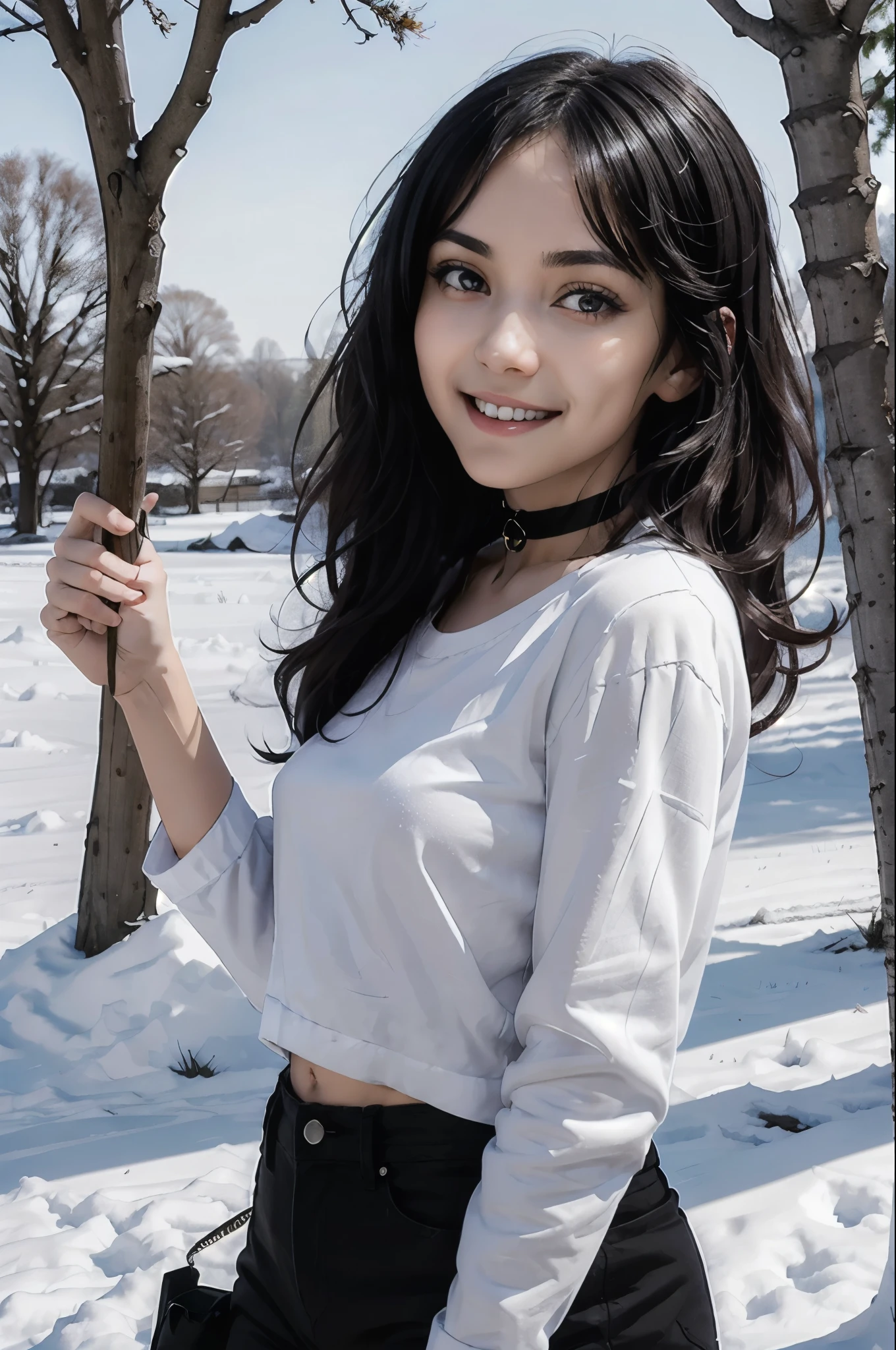 Miyumrkw, red eyes, long black hair, choker, tentacles wrapping around arms and legs, body covered in stick white substance,shirt, looking at viewer, smiling, close up portrait, outside, park, trees, winter, snow, blue sky, high quality, masterpiece, 