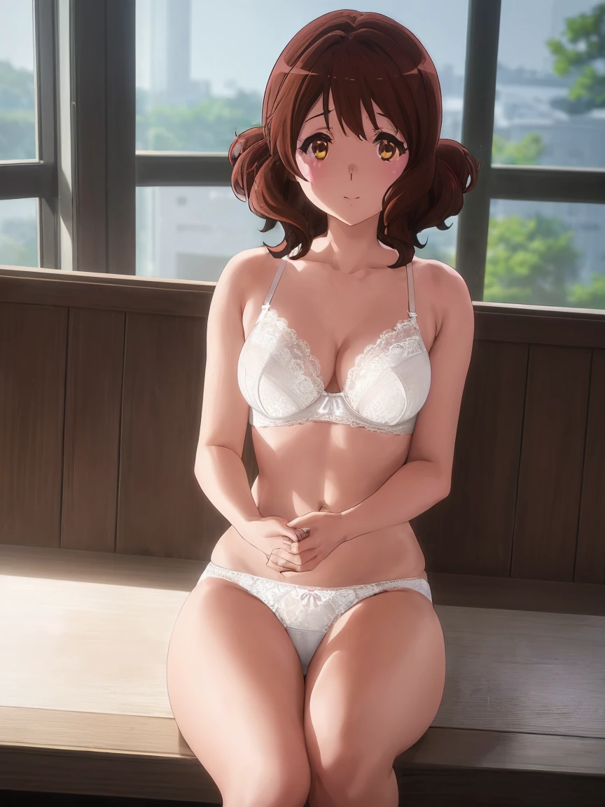 One girl,alone,Beautiful feet,Browsing Caution,Kyoto Animation,Highest quality, High resolution, unity 8k wallpaper, (shape:0.8), (detailed and beautiful eye:1.6), Highly detailed face, Perfect lighting, Extremely detailed CG, (Perfect hands, Perfect Anatomy),masterpiece,High resolution,Perfect Anatomy,Anime key visual,detailed and beautiful eye,Highest quality,unity 8k wallpaper,Ultra-dense skin,White skin,Highest quality, masterpiece, {You_Kumiko_Sound Euphonium:1.15}, brown_hair, short_hair, brown_eye, smile,前hair,thin , Closed_mouth,On campus,Holding a musical instrument euphonium ,(((White lace bra,White lace panties))),,Sitting ,View your viewers, (Perfect hands, Perfect Anatomy),　黄前Kumiko、