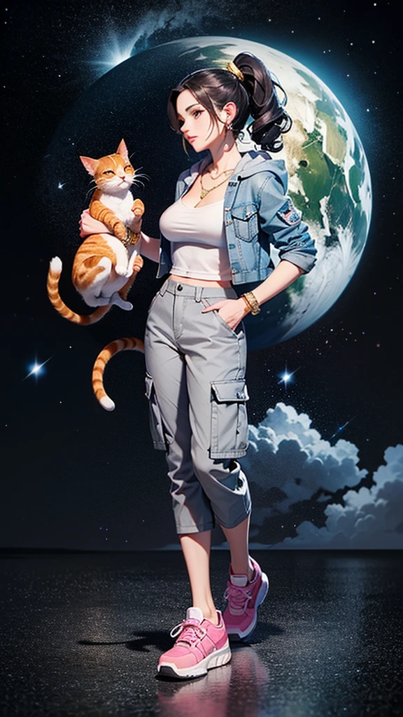 (((Holding a cute orange bantam cat in both hands))),((Highest quality,masterpiece,Full body front view of a mature beauty with big breasts,Air bangs,Blue gray high ponytail super long straight hair,Slightly curly hair on double sideburns,Hair ends curled in,Gray and pink short T-shirt,Light blue denim gray hooded jacket,Black and gray long and wide cargo pants,Pink and white sneakers)),Simple, small and exquisite round necklace,Little star earrings,Wearing a very thin gold bracelet on the right hand,starry sky galaxy background,Look at the camera