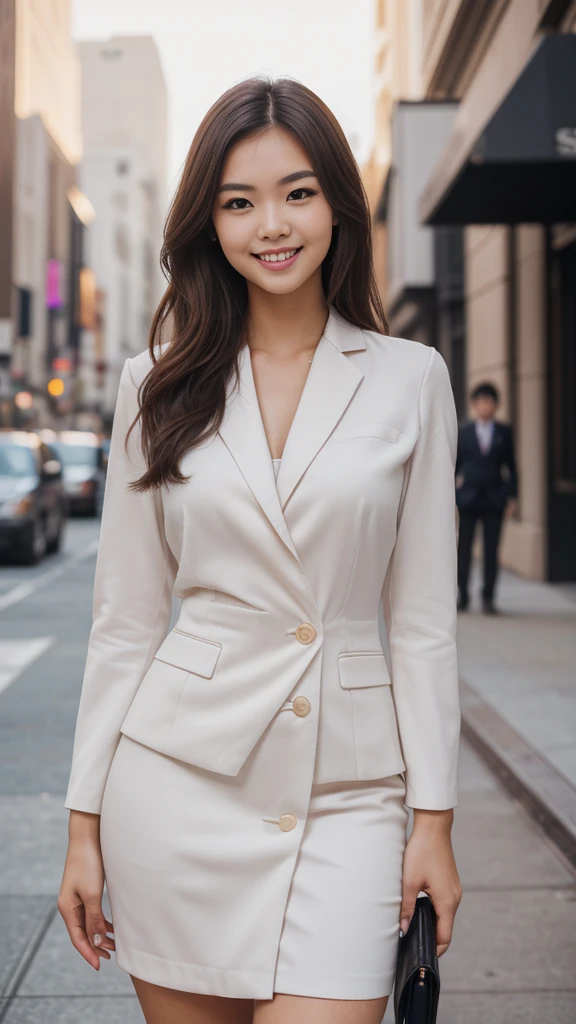 (A woman wearing business clothes:1.3)、22 year old Japanese woman very beautiful woman、cute face、portraite、Detailed texture skin、((highest quallity、high resolution、high resolution、High definition、work of art、16K:1.5))、(all-body、They are standing:1.4)、perfect proportions、slender figure、medium chest、medium hair、dark brown hair、Thin arms、beautiful hands、face detailed、smiling gently、A reddish complexion、Make-up natural、wearing pumps、Business casual、conservative fashion、((SONY α7 35mm F/ 2. 8 50 seconds:1.1))、(RAW Photos、Photos like the real thing、Clear photos:1.2)、In New York&#39;Financial District、Wall Street、open air、Business Fashion、Beautiful feet