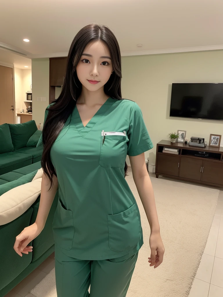 Beautiful girl in scrubs standing in front of living room sofa., walk into the house.,big breasts,long black hair,sexually,green scrub,realistically,realistic