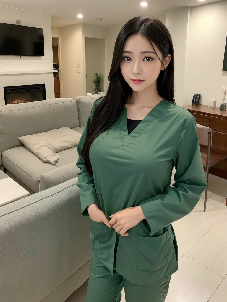 Beautiful girl in scrubs standing in front of living room sofa., walk into the house.,big breasts,long black hair,sexually,green scrub,realistically,realistic