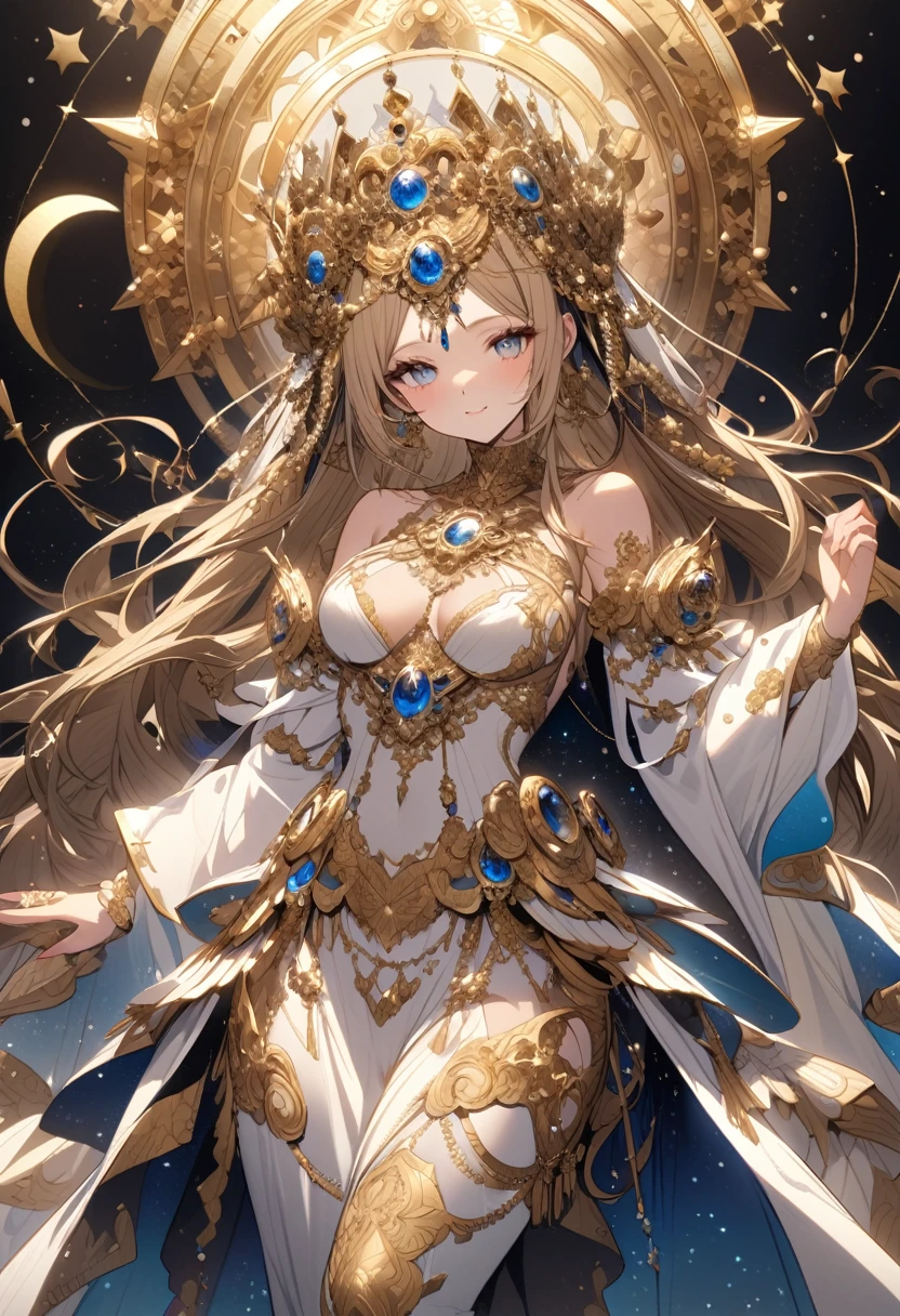 an extremely detailed goddess wearing a crown made of stars & crescent moons