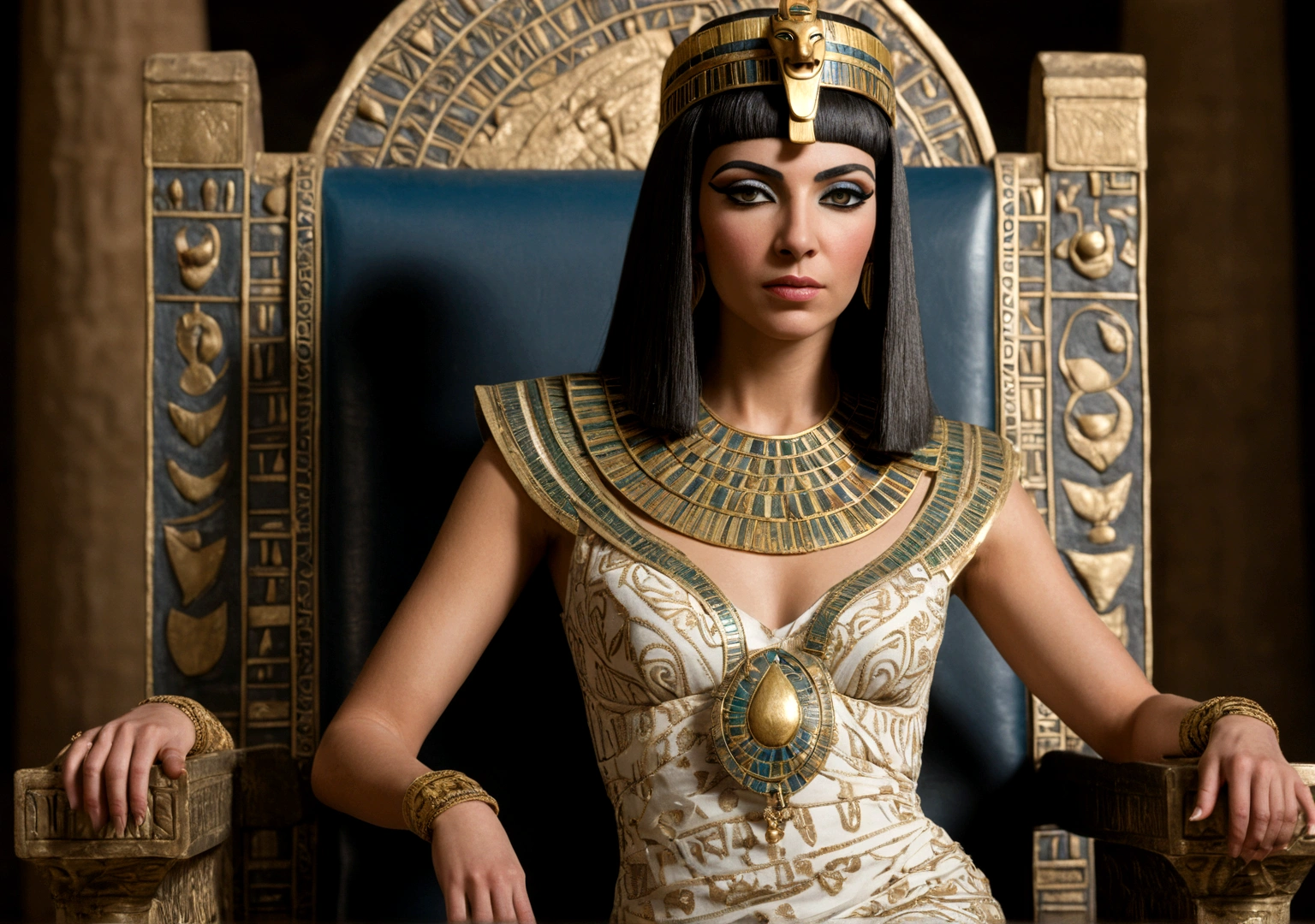 cleopatra on the throne, in a dress