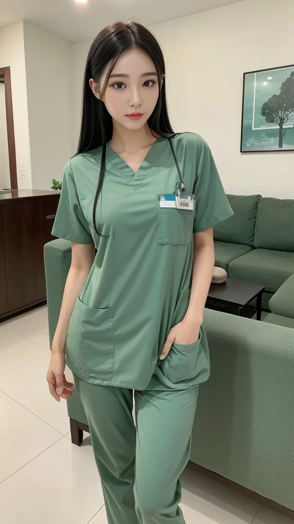Beautiful girl in scrubs standing in front of living room sofa., walk into the house.,Medium bust,long black hair,sexually,green scrub,realistically,realistic