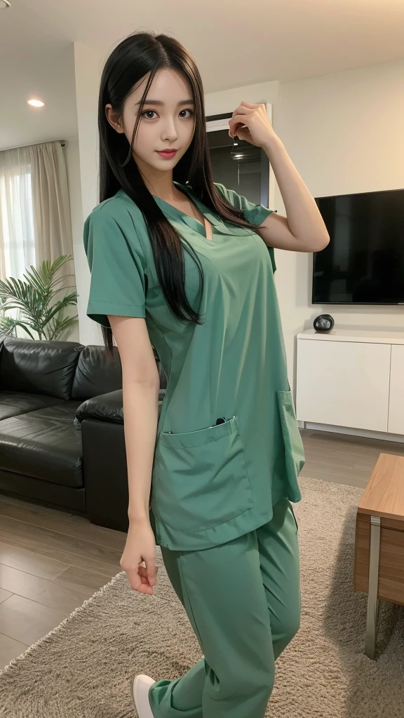 Beautiful girl in scrubs standing in front of living room sofa., walk into the house.,Medium bust,long black hair,sexually,green scrub,realistically,realistic