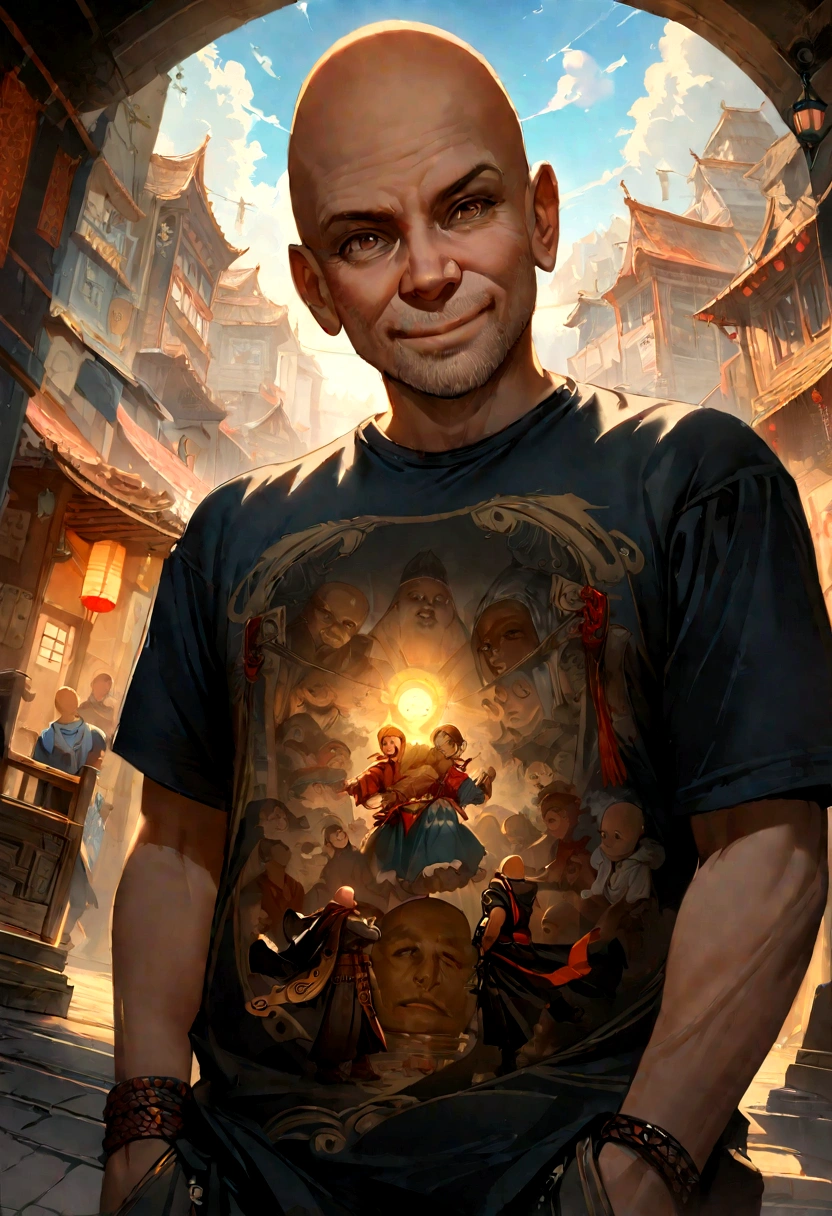 Bald man, hoodie, (thin), big eyes, (cheeky smile), Gangsta Street, cinematic angle, model shooting style, (extremely detailed CG wallpaper 8k), photograph of the most beautiful piece of art in the world, majestic professional oil painting by Ed Blinky, Ati Gailana, Studio Ghibli, Jeremy Mann, Greg Manchess, Antonio Moro, artstation trends, CGSociety trends, Intricate, highly detailed, sharp focus, dramatic, Photorealistic painting by Midjourney and Greg Rutkowski, Stunning masterpiece. Close-up of the face of a man with noble character traits. Smooth skin. Dressed in a T-shirt. This is a calm, cheerful ninja warrior. The man with short hair is almost bald. This person feels confident in his strength and invincibility and at the same time is friendly.. yin  