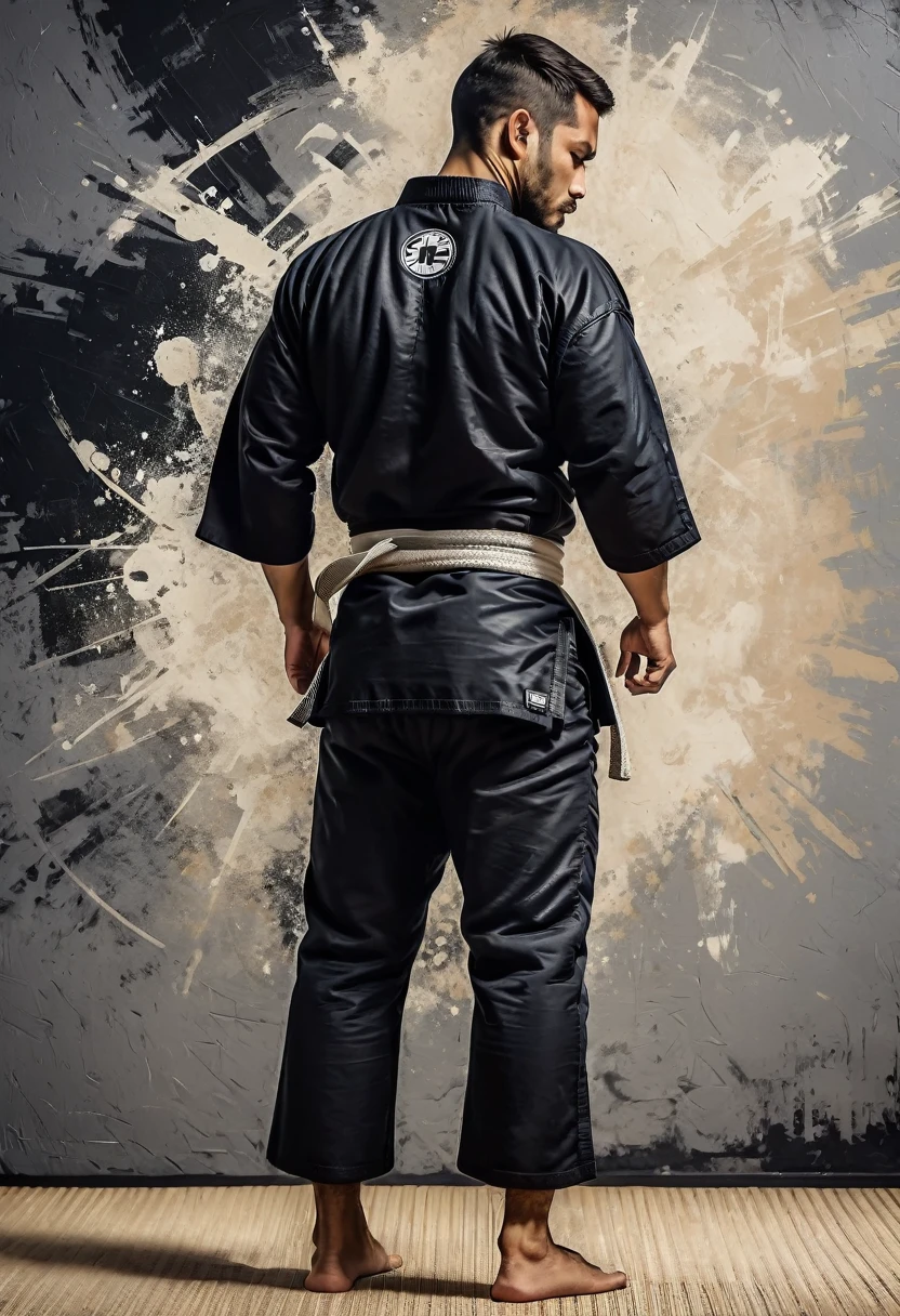 Abstract artistic background. vintage illustration, (jiu jitsu fighter looking down wearing a black jiujitsu kimono 1.5 +++), figuras, monocromatic. textured background. oil on canvas. modern art. gris, wall-paper, posters, card, mural, print, wall art --ar 1:3