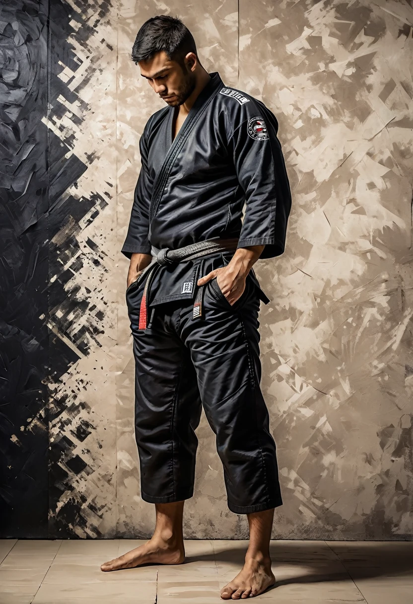 Abstract artistic background. vintage illustration, (jiu jitsu fighter looking down wearing a black jiujitsu kimono 1.5 +++), figuras, monocromatic. textured background. oil on canvas. modern art. gris, wall-paper, posters, card, mural, print, wall art --ar 1:3