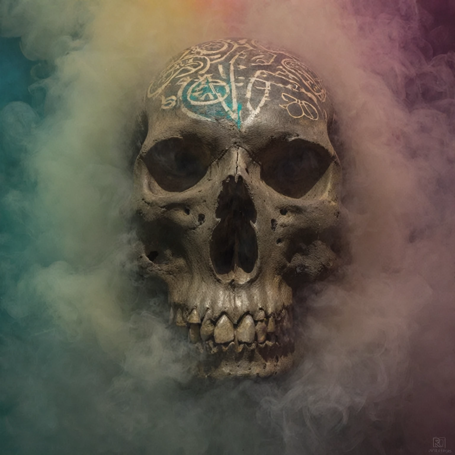 ral-3dwvz, a sunken skull with tribal symbols, looking at the camera, eye contact, symmetrical view, multicolored smoke in the background