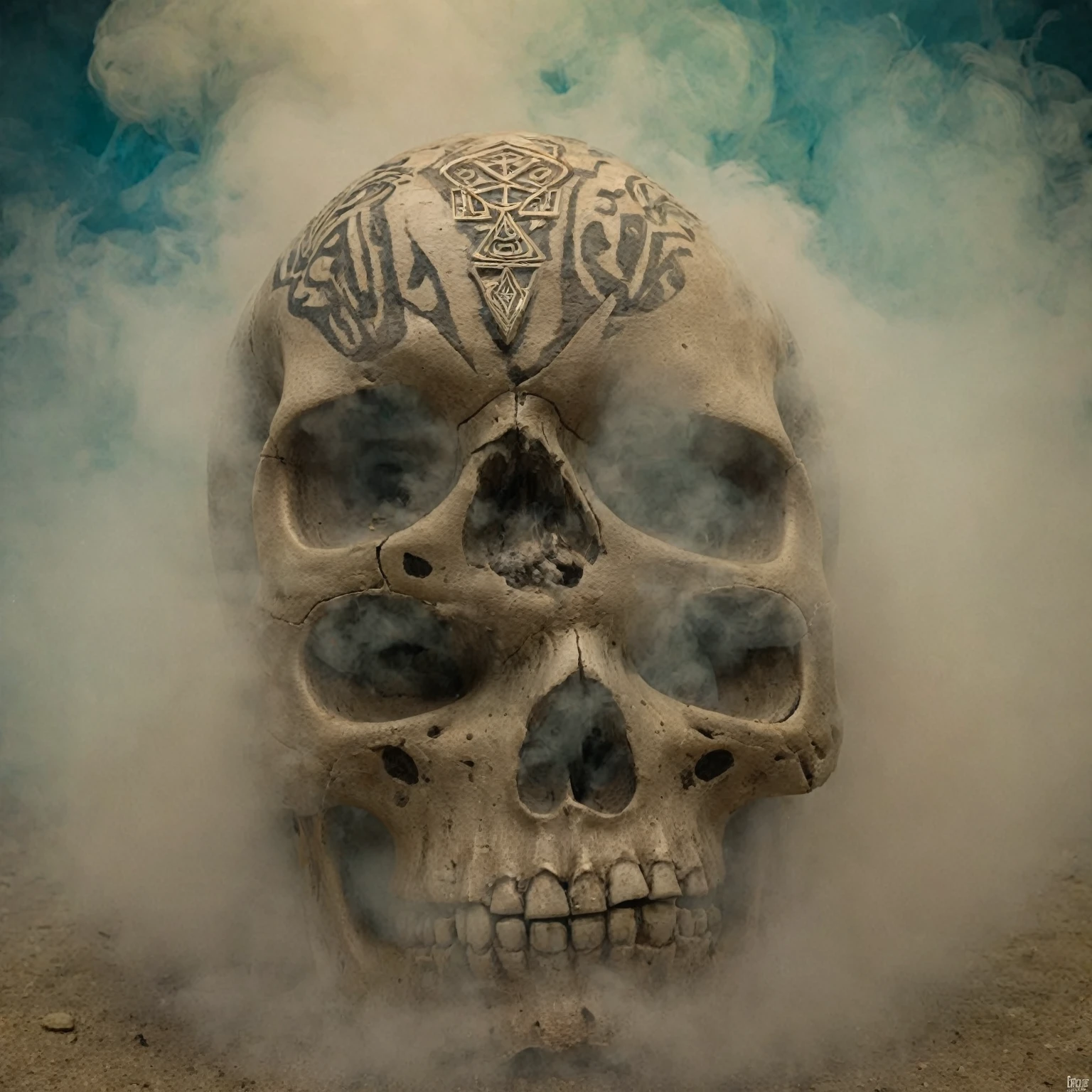 ral-3dwvz, a sunken skull with tribal symbols, looking at the camera, eye contact, symmetrical view, multicolored smoke in the background