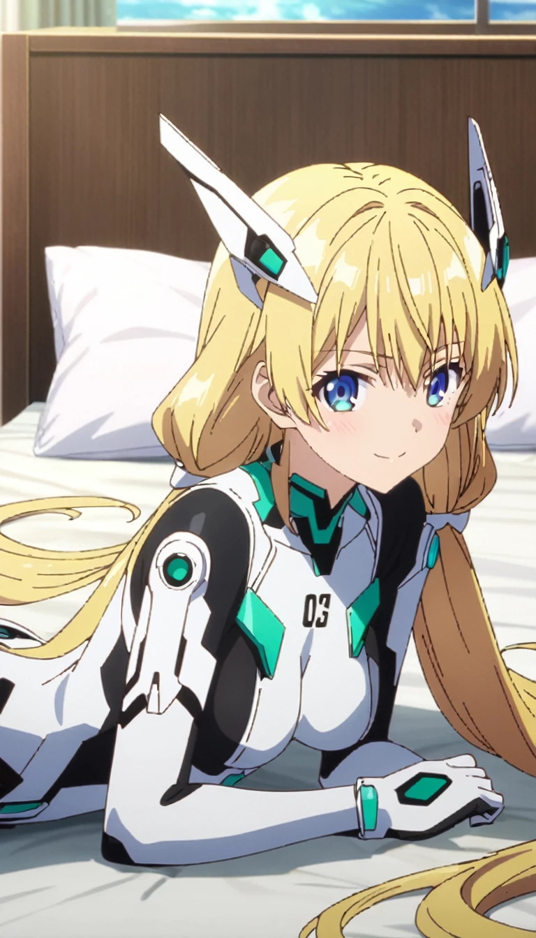 score_9, score_8_up, score_7_up, source_anime, absurdres, bedroom, frll body, 1girl, solo, angelabalzac, blonde hair, blue eyes, deva battle suit, elbow gloves, headgear, long hair, low twintails, twintails, very long hair, smile, lying, on side, looking at viewer, masterpiece, best quality, very aesthetic, anime screencap, highly detailed, 8k, 