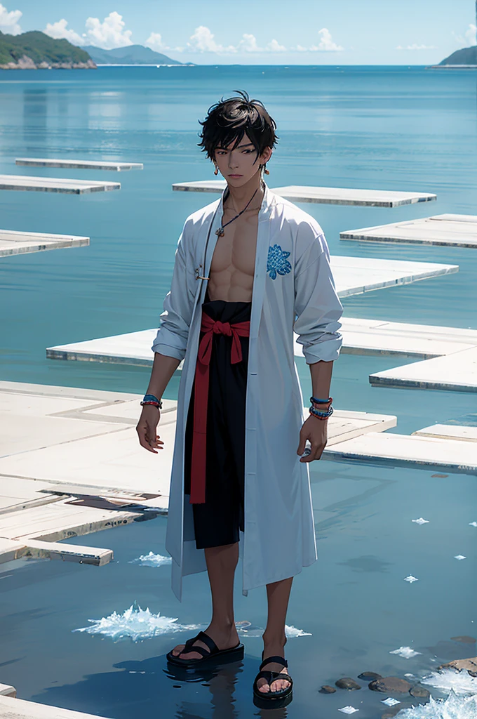 Anime-style, the male ager stands resolutely on the tranquil water's edge, clad in an antiquated Chinese outfit. The garment, frayed at the edges, accentuates his youthful physique. Earrings adorn his ears, bracelets encircle his wrists, and anklets grace his ankles, all adding to his unique appearance. A mysterious and chilling aura envelops him, his gaze fixed on the horizon as if waiting for an elusive epiphany. His eyes, like icy pools, betray an enigmatic and somber spirit. The water around him, undisturbed, mirrors his reflection, adding a surreal