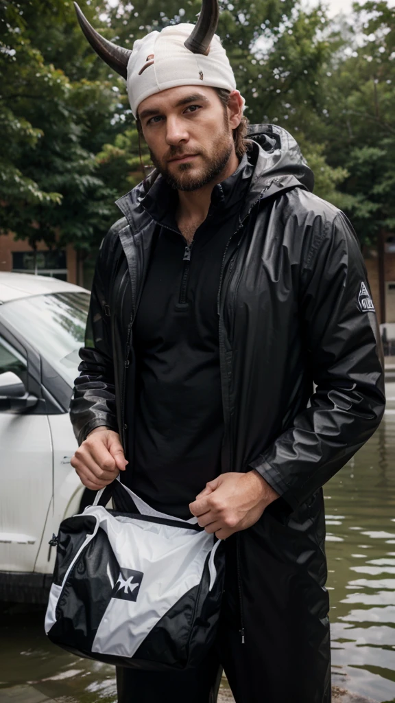 a white man with black horns, with a chin full of hair, waterproof bag suit, LOOKING FRONT INTO THE CAMERA, posing half body up