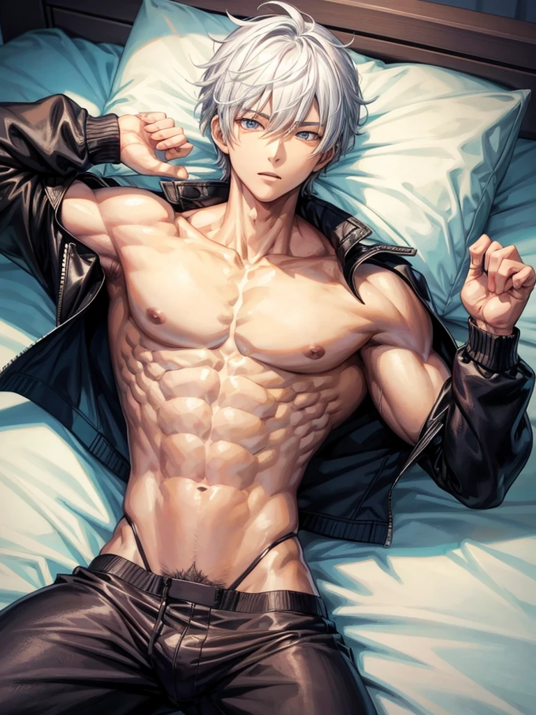 Anime guy about 16 without outerwear. Muscular with 6-pack abs and back. With white hair. Lying on the bed.