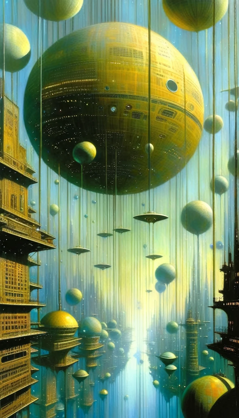 futuristic space city, in space: 1.5, large flying city, with many floating floors in space, housing and all kinds of details on the ship (art inspired by Dave mcKean). oil painting)
