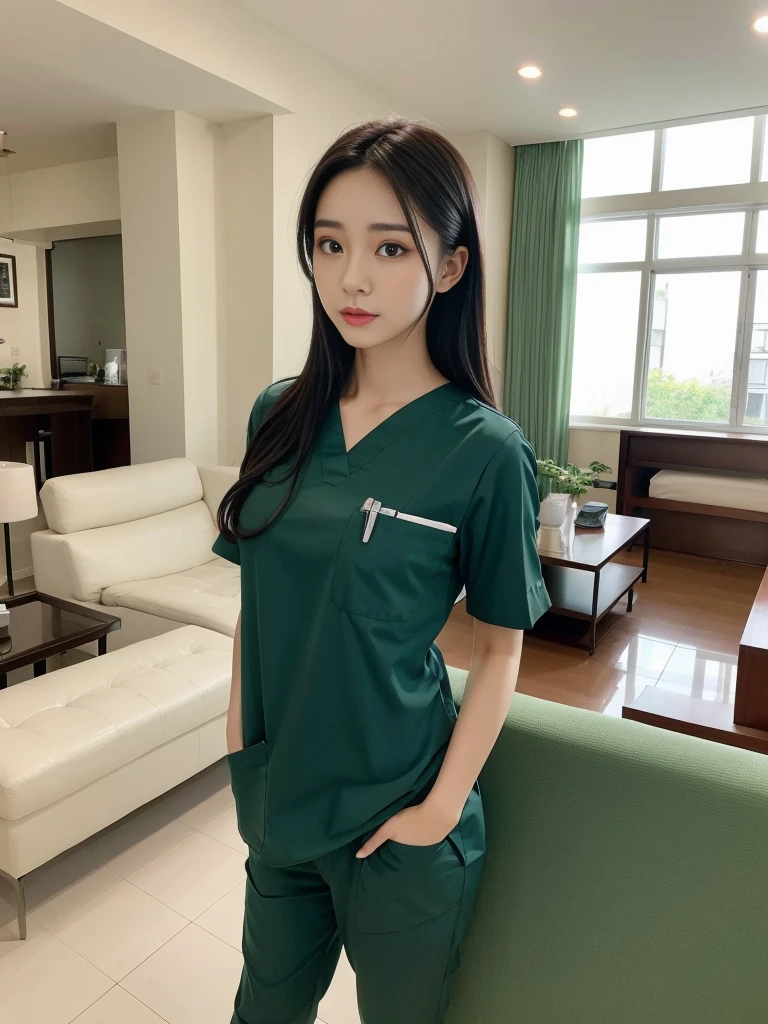 Beautiful girl in scrubs standing in front of living room sofa., walk into the house.,Medium bust,long black hair,sexually,green scrub,realistically,realistic