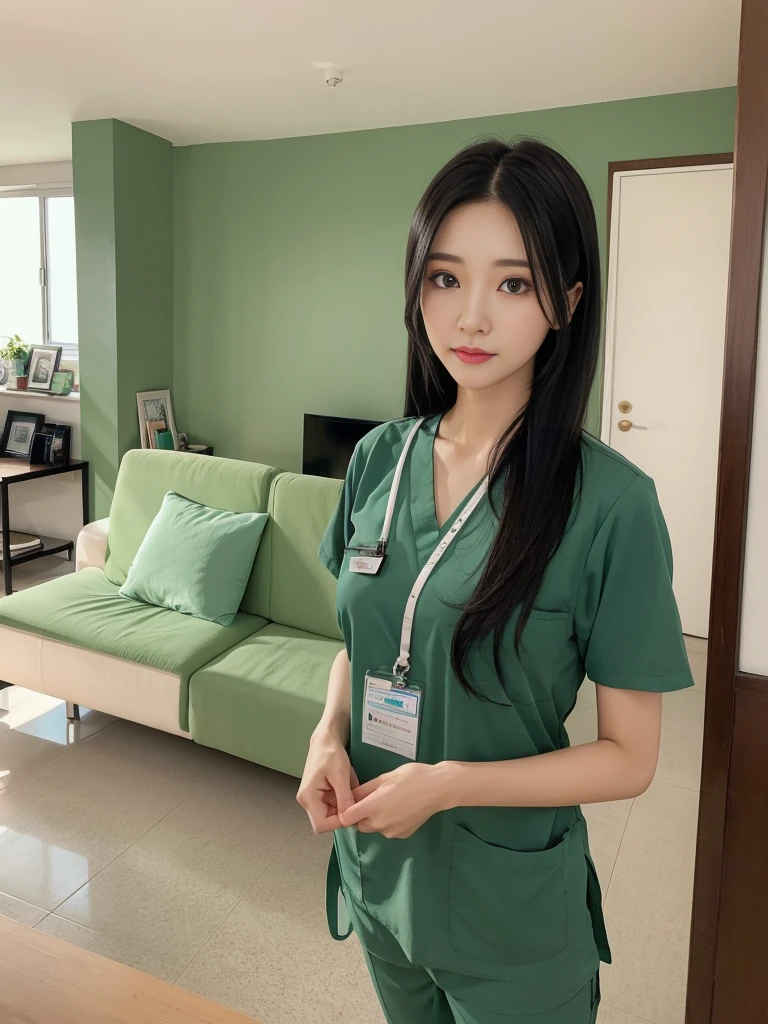 Beautiful girl in scrubs standing in front of living room sofa., walk into the house.,Medium bust,long black hair,sexually,green scrub,realistically,realistic