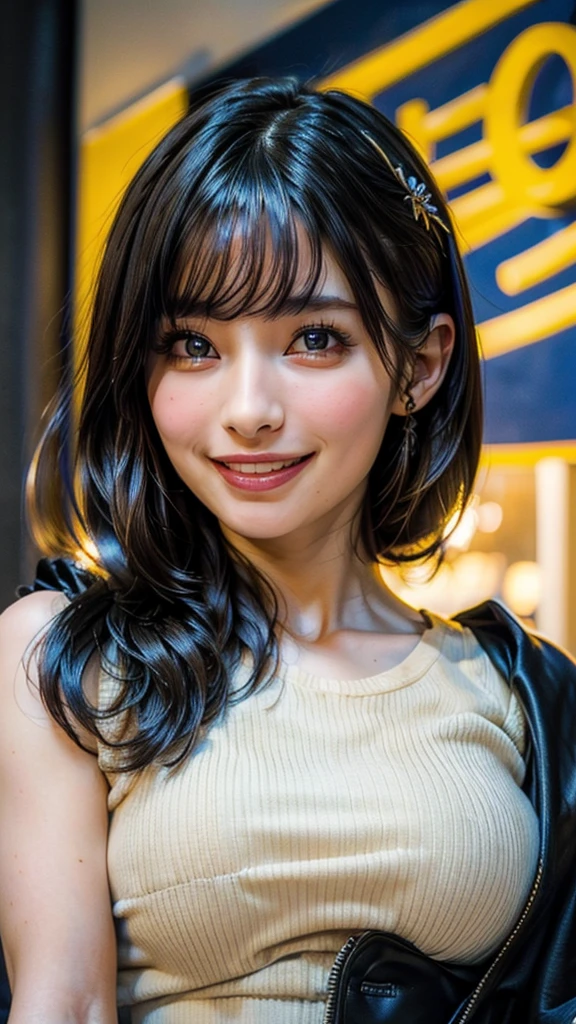(high quality , Super detailed:1.2 ) , (Highly detailed beautiful face:1.4), ((Highest quality)), ((masterpiece)),smile ,beautiful woman, ((highest quality)), ((masterpiece)), (be familiar with), perfect face、(8K, highest quality, masterpiece:1.2),(highest quality:1.0), (ultra high resolution:1.0),((Natural big breasts:1.2)),((Upper Body))