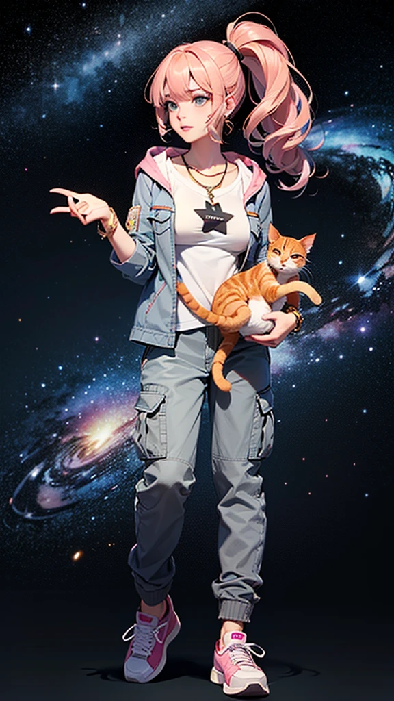 (((Holding a cute orange bantam cat in both hands))),((Highest quality,masterpiece,Full body front view of a mature beauty with big breasts,Air bangs,Blue gray high ponytail super long straight hair,Slightly curly hair on double sideburns,Hair ends curled in,Gray and pink short T-shirt,Light blue denim gray hooded jacket,Black and gray long and wide cargo pants,Pink and white sneakers)),Simple, small and exquisite round necklace,Little star earrings,Wearing a very thin gold bracelet on the right hand,starry sky galaxy background,Look at the camera