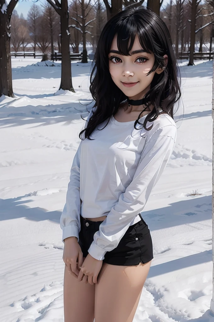 Miyumrkw, red eyes, long black hair, choker, tentacles wrapping around arms and legs, body covered in stick white substance,shirt, looking at viewer, smiling, close up portrait, outside, park, trees, winter, snow, blue sky, high quality, masterpiece, 