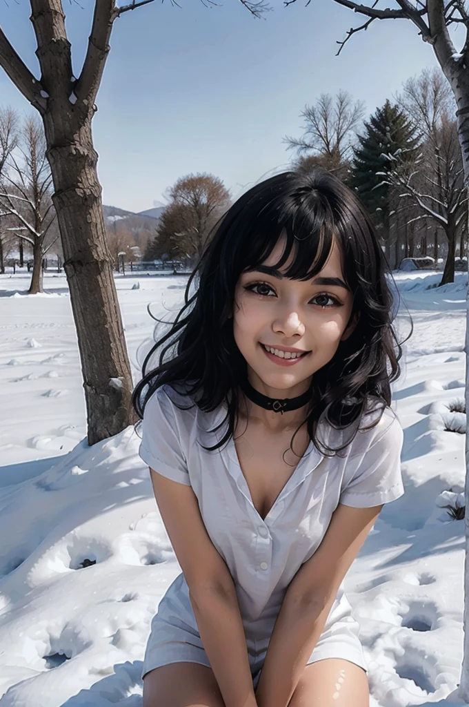 Miyumrkw, red eyes, long black hair, choker, tentacles wrapping around arms and legs, body covered in stick white substance,shirt, looking at viewer, smiling, close up portrait, outside, park, trees, winter, snow, blue sky, high quality, masterpiece, 