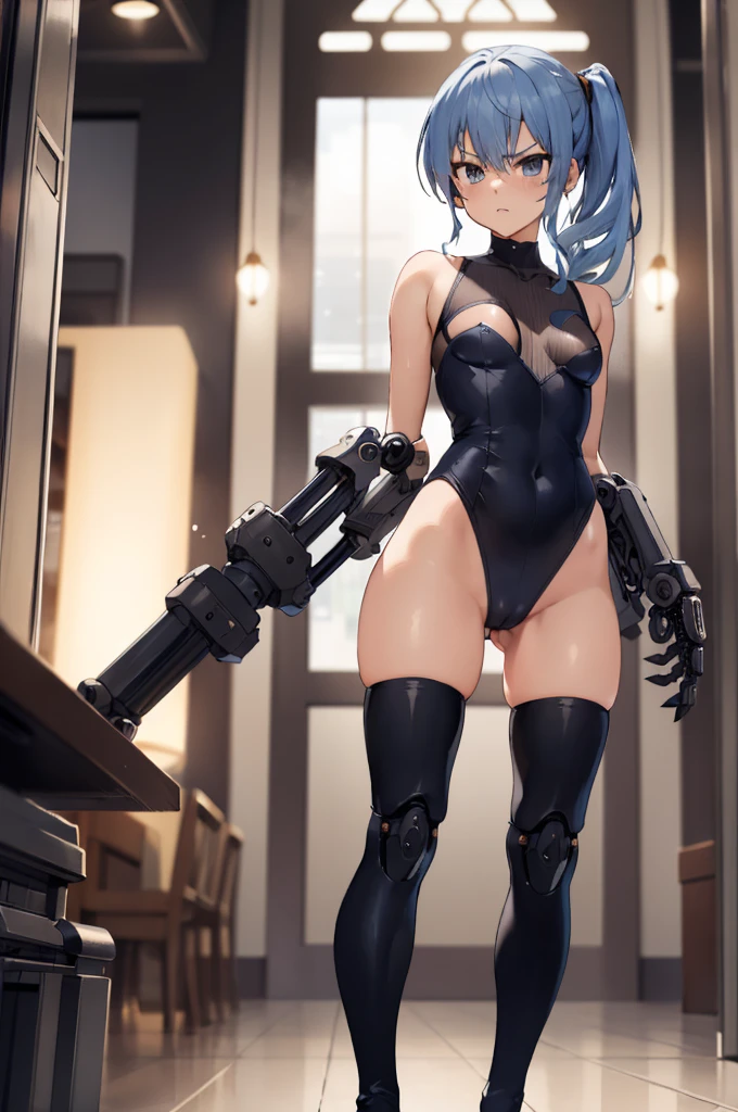 1girl, solo, detailed face, , , long hair,(((mechanical arms,mechanical legs))),sf,standing,looking viewer,side ponytail,small breasts,,leotard,nsfw,,thigh boots,arms behind back,angry,cowboy shot,indoor